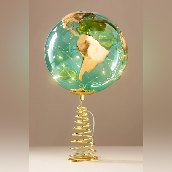 Anthropologie Light-Up Globe Glass Christmas Tree Topper New Green Gold - Picture 1 of 4